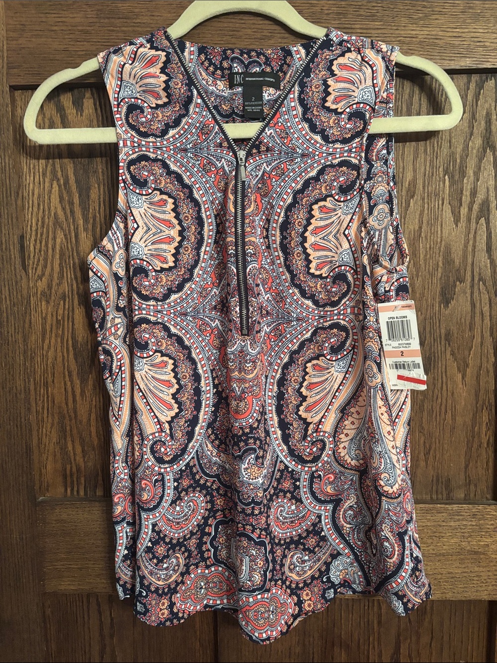 INC International Concepts Navy and Coral Paisley Zip-Front Sleeveless Camisole
